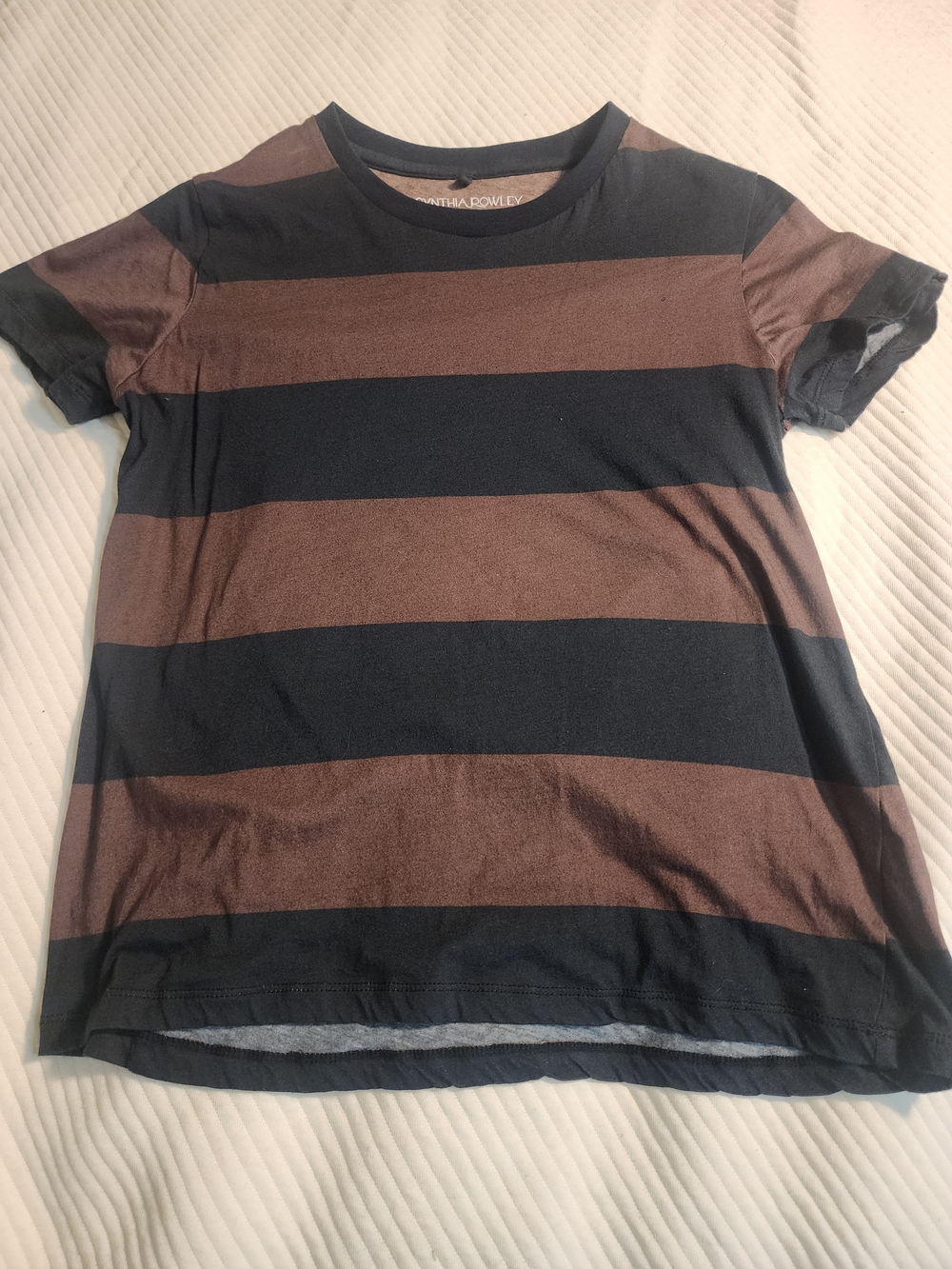 Cynthia Rowley Black & Brown Striped Crew Neck Cotton Tee